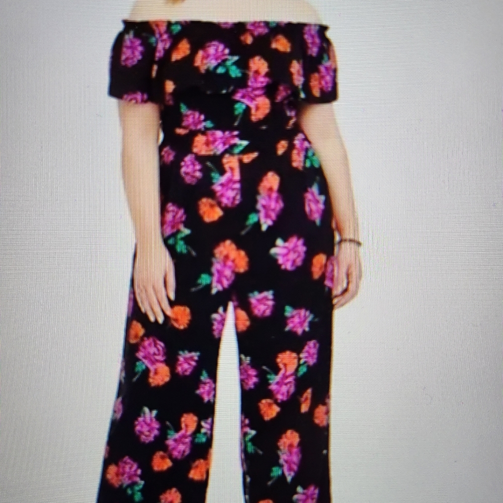 Torrid Floral Jumpsuit, 3X, Black with pink and orange flowers.